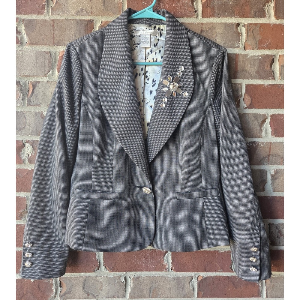 z.b.d.design Women's 10 Gray Houndstooth Twill Blazer Rhinestone Buttons Lined